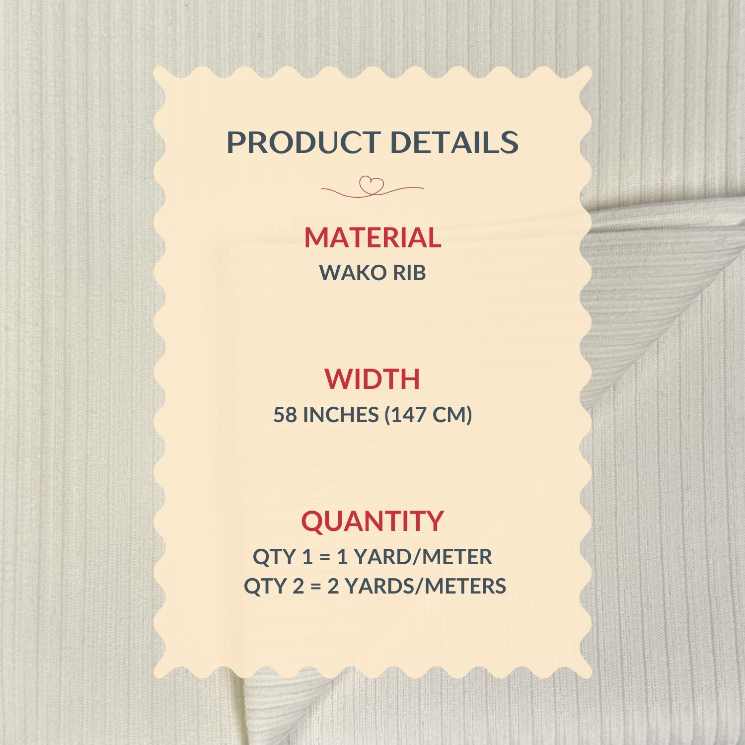 Product details label for Wako Rib material on a textured background