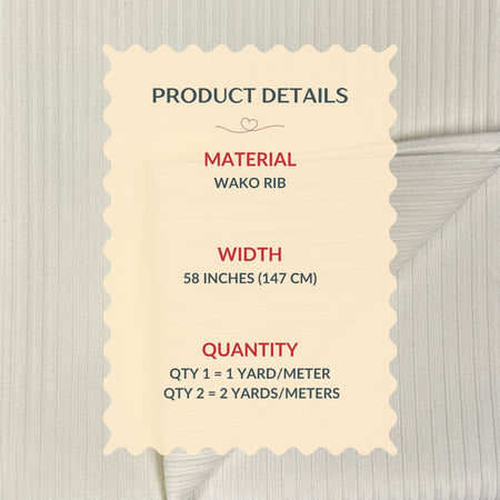 Product details label for Wako Rib material on a textured background