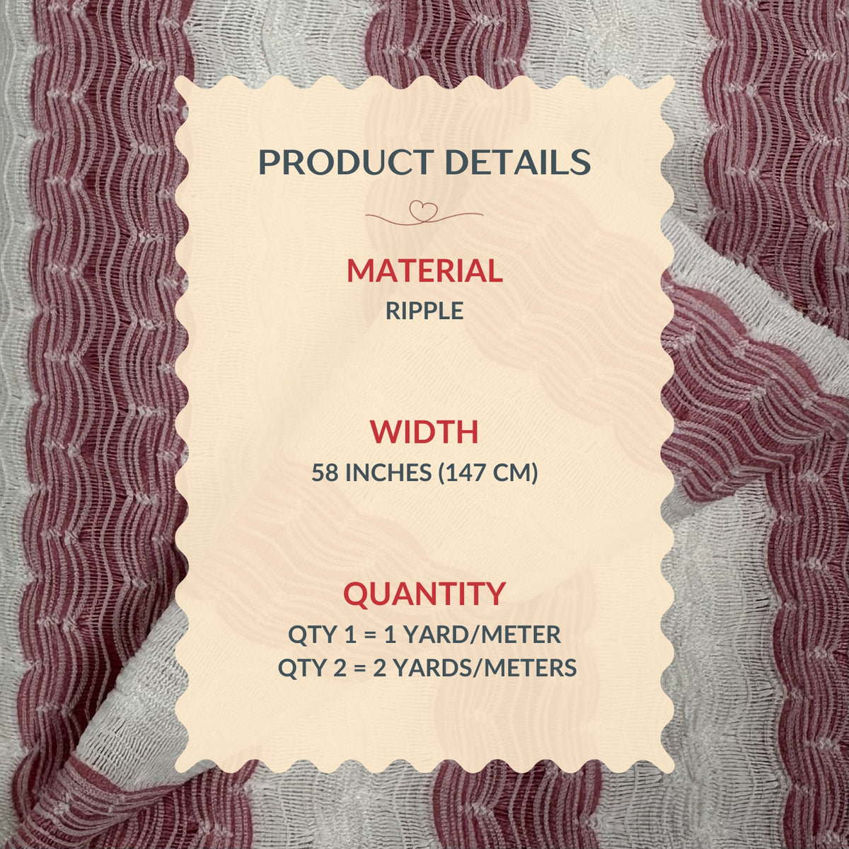 Product details label on a textured fabric background