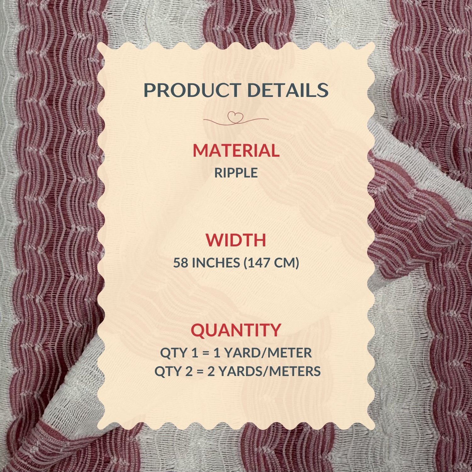 Product details label on a textured fabric background