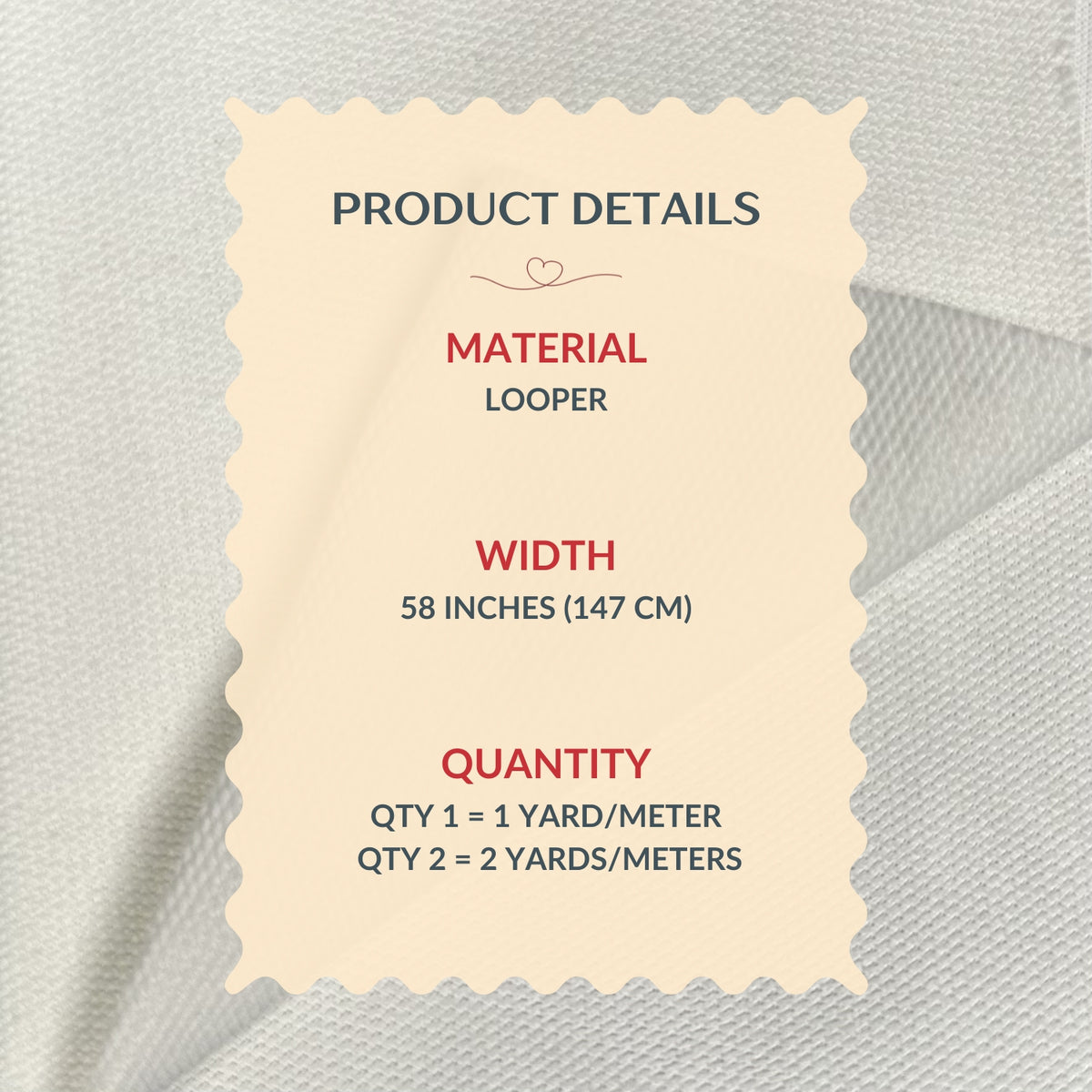 Product details label on a textured fabric background