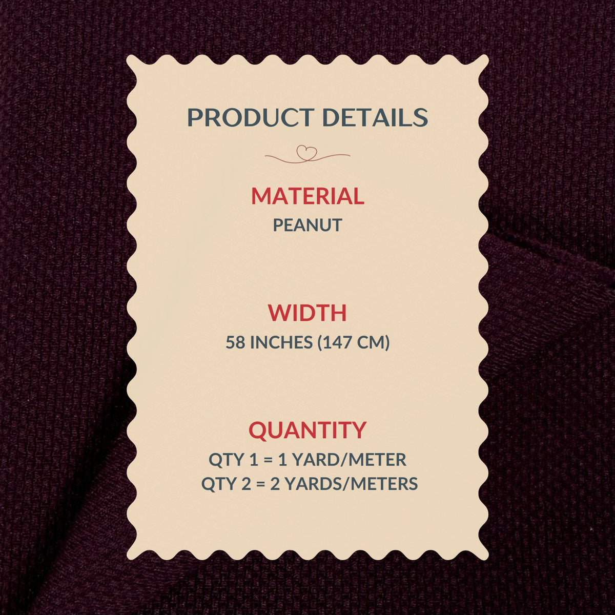 Product details label for peanut material on a textured brown background