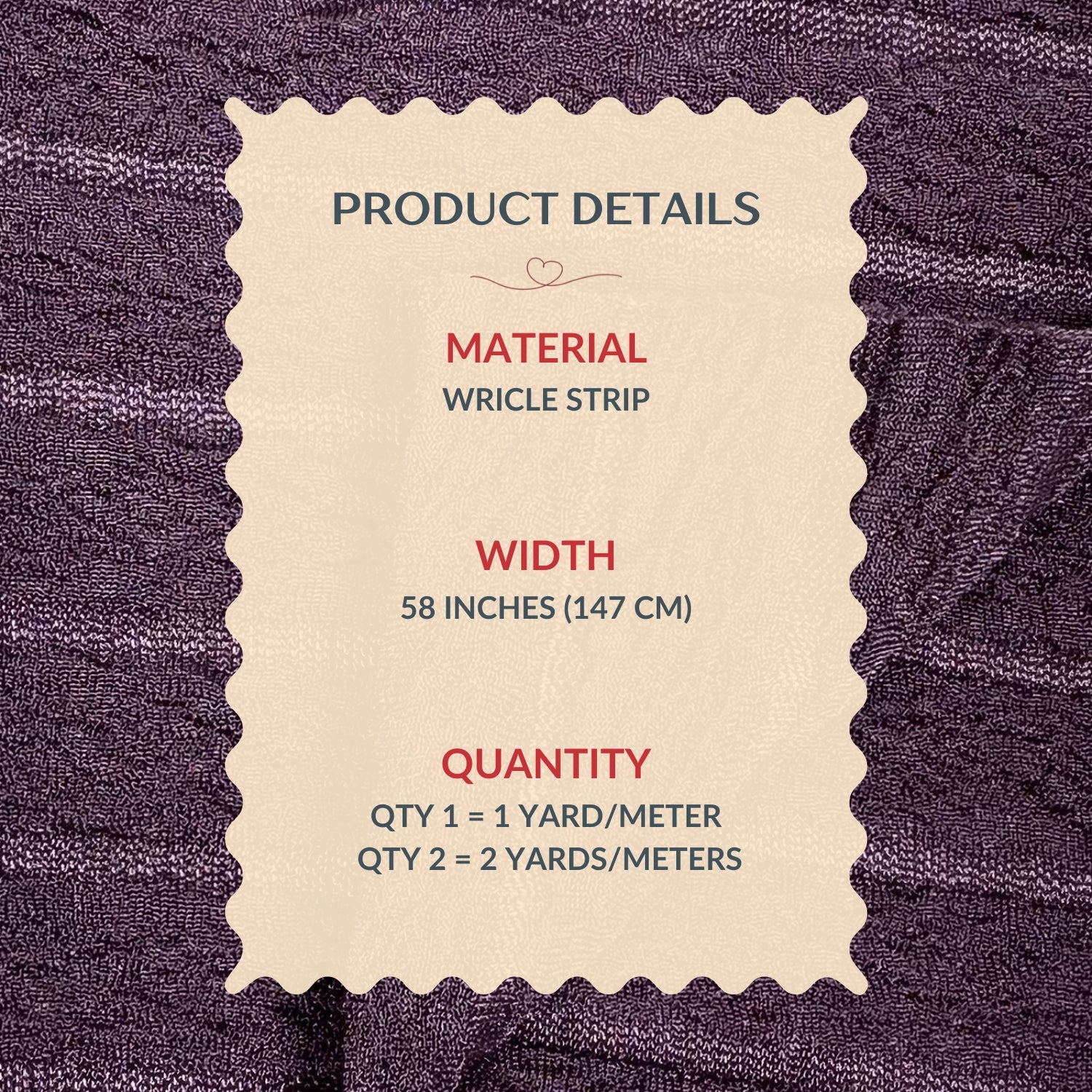 Product details label on a textured fabric background