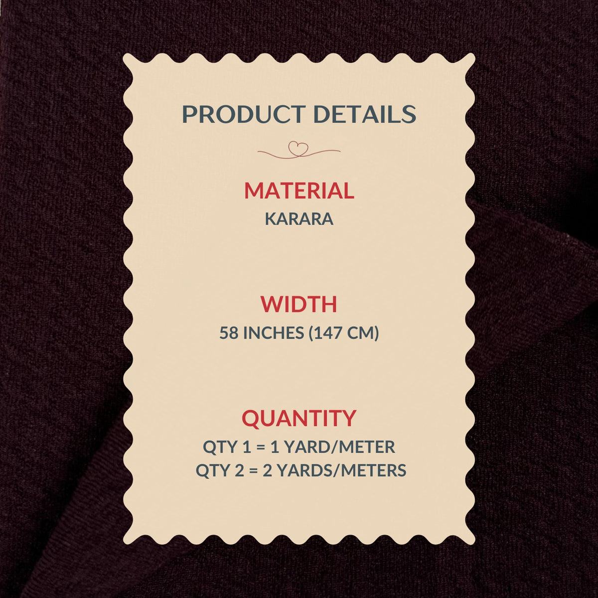 Product details label for material Karara on a dark fabric background