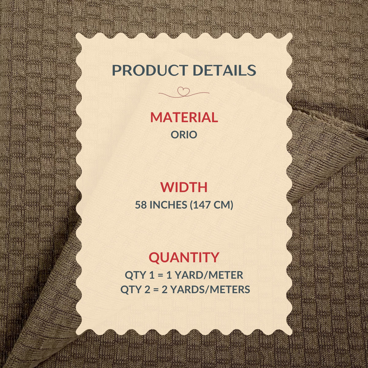 Product details label on a textured fabric background