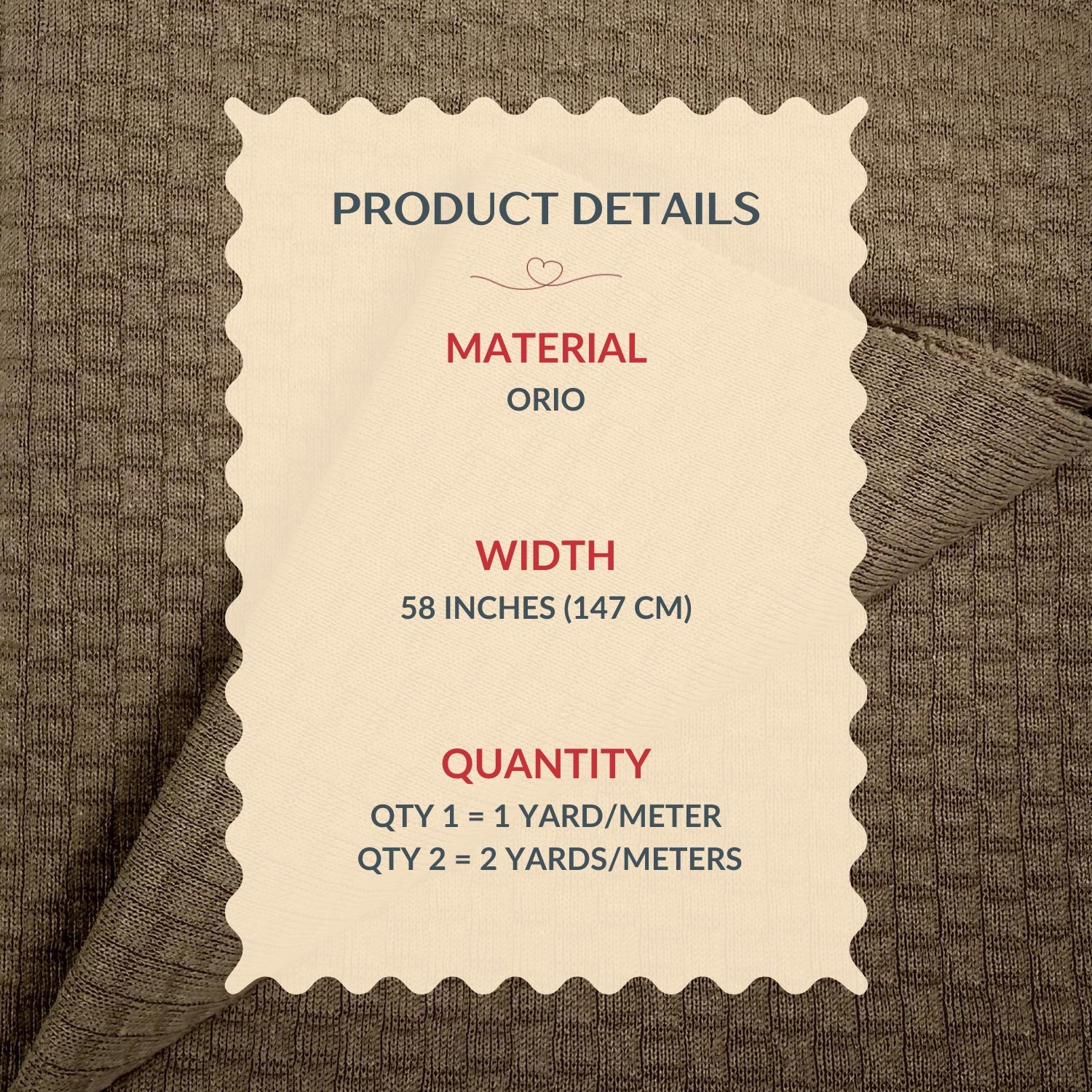 Product details label on a textured fabric background