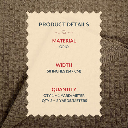 Product details label on a textured fabric background