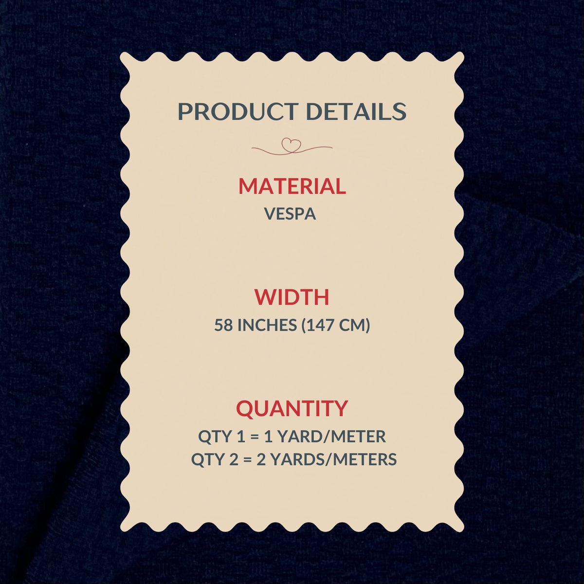 Product details label for VESPA material on a dark background