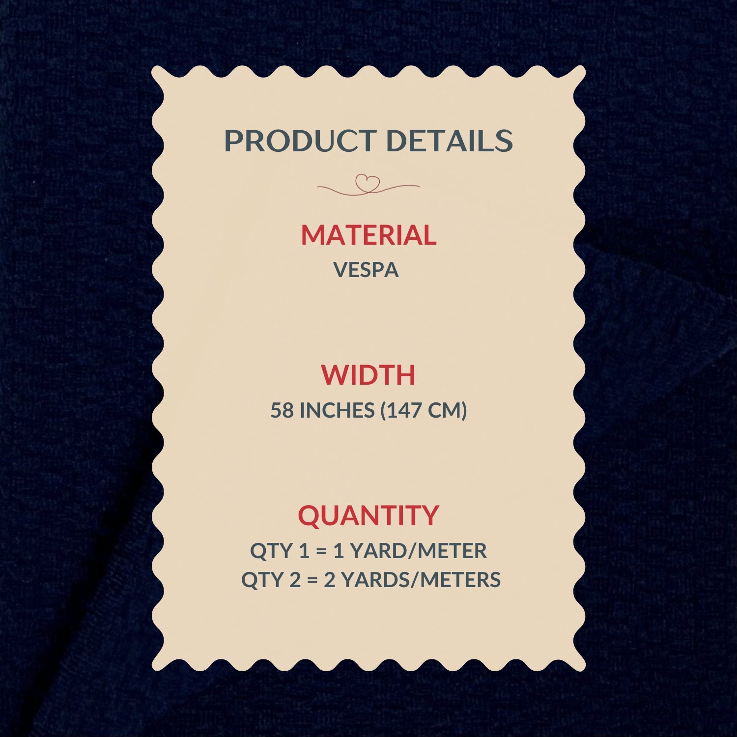 Product details label for VESPA material on a dark background