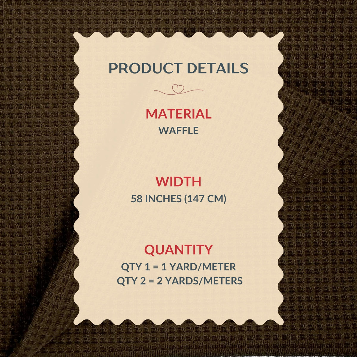 Product details label for waffle material on a brown textured background