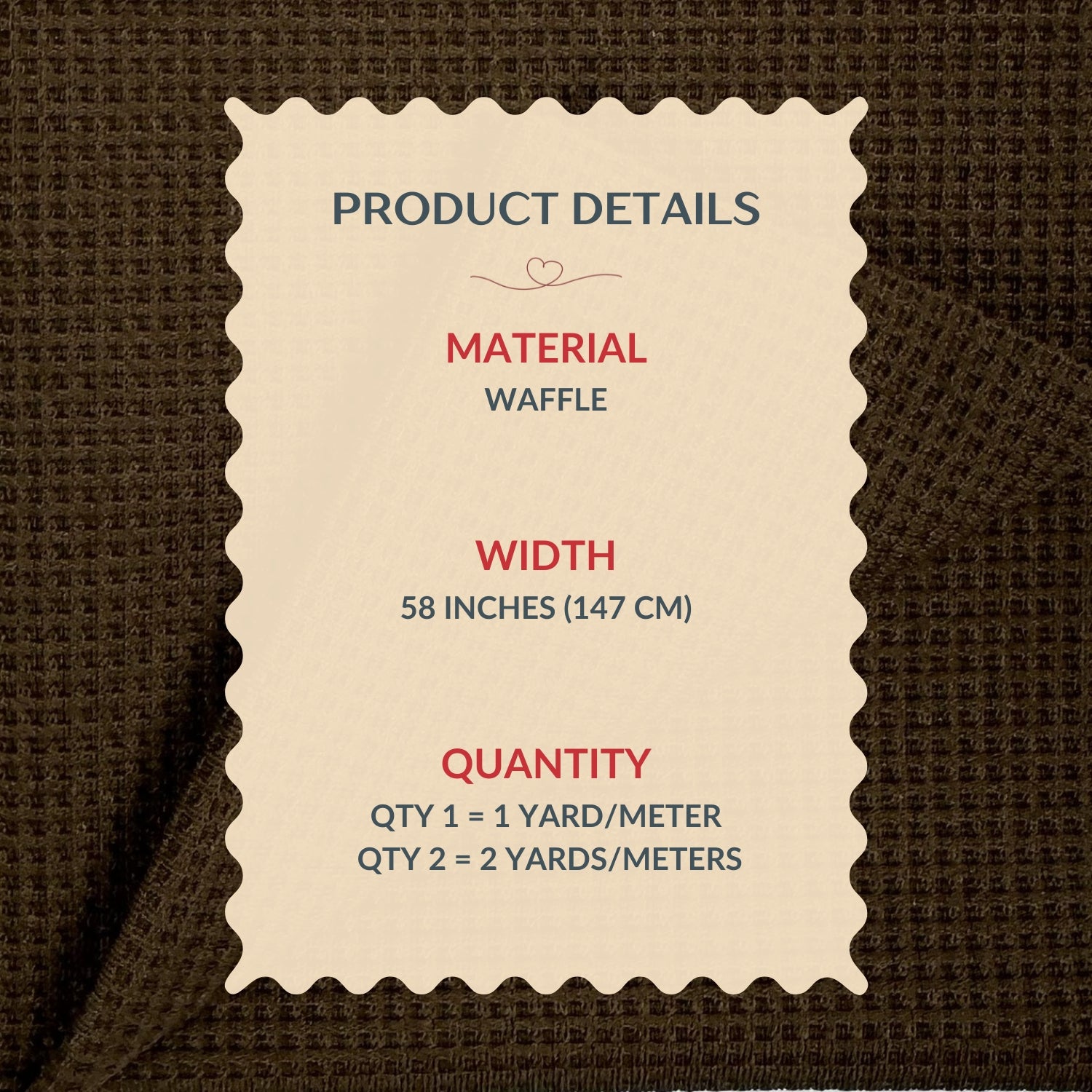Product details label for waffle material on a brown textured background