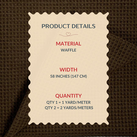 Product details label for waffle material on a brown textured background