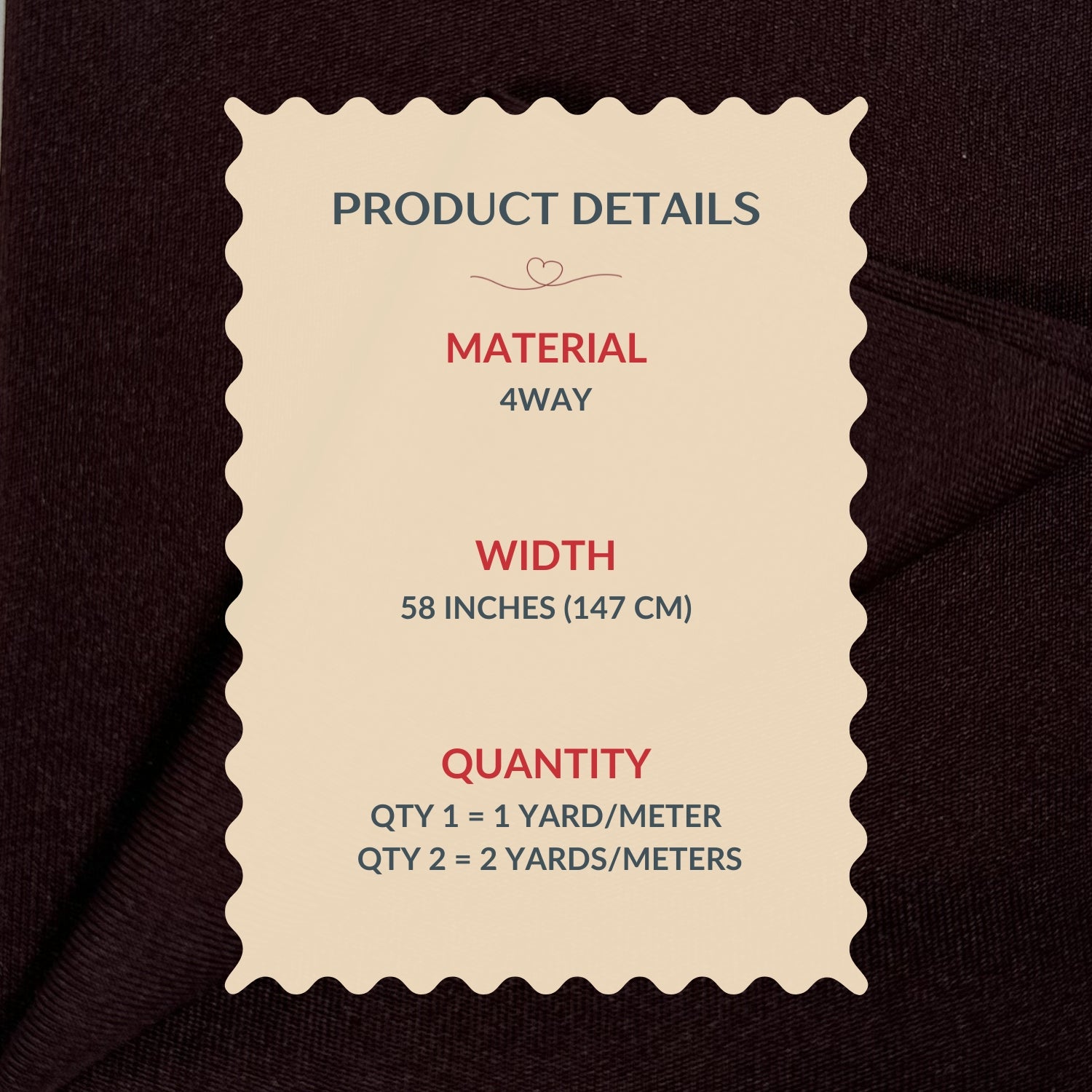 Product details label on a dark fabric background