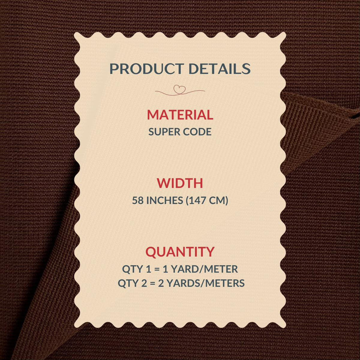 Product details label on a brown fabric background