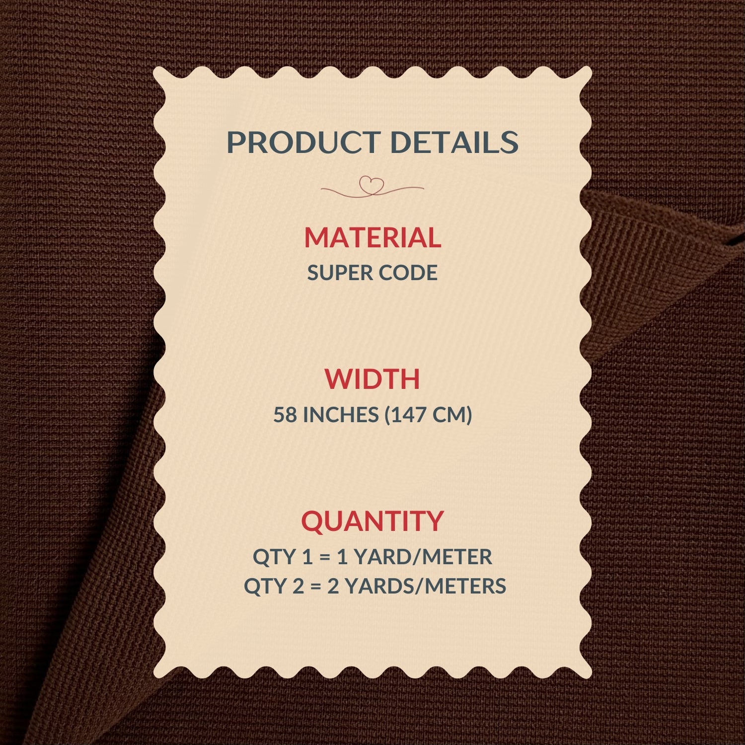 Product details label on a brown fabric background