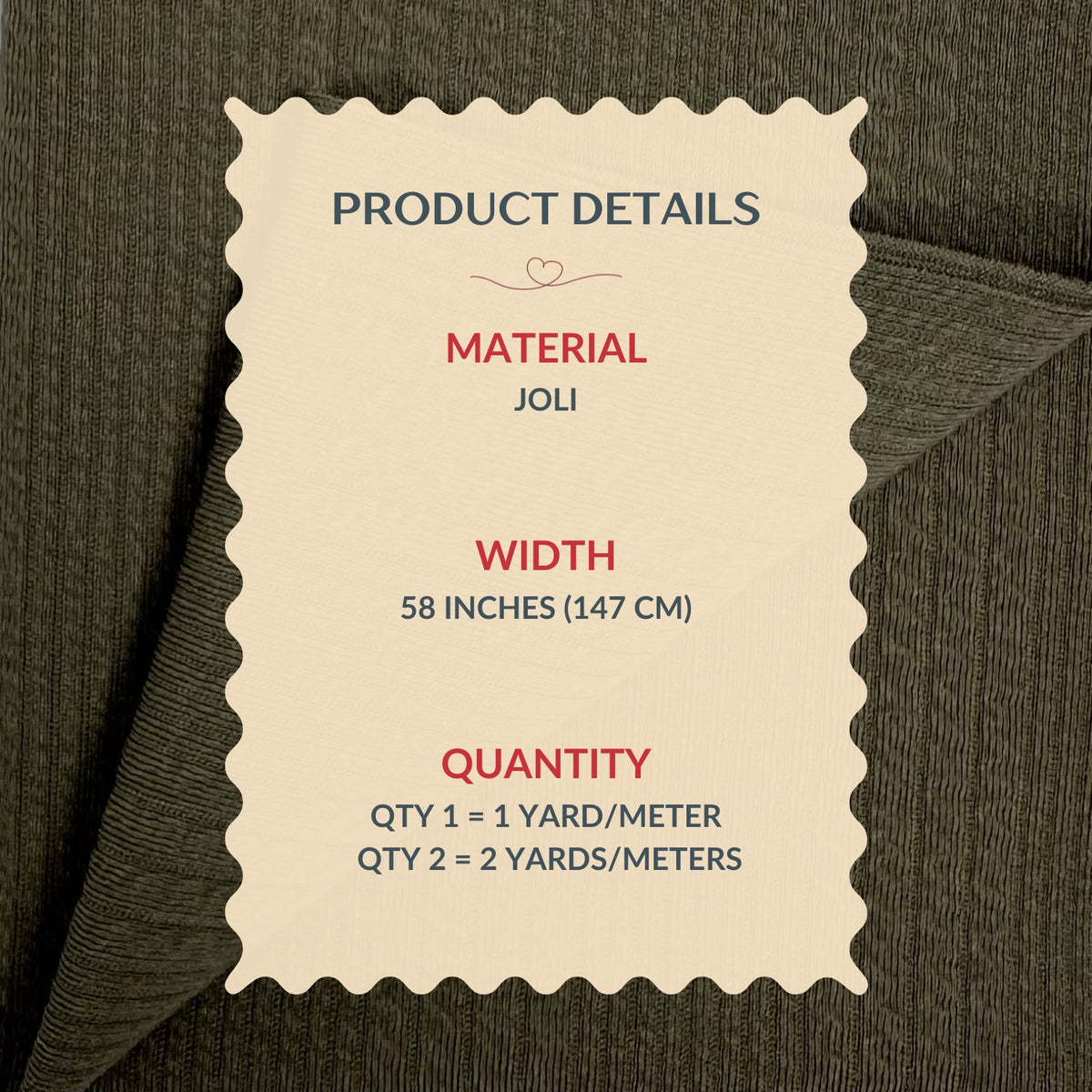 Product details label on a fabric background