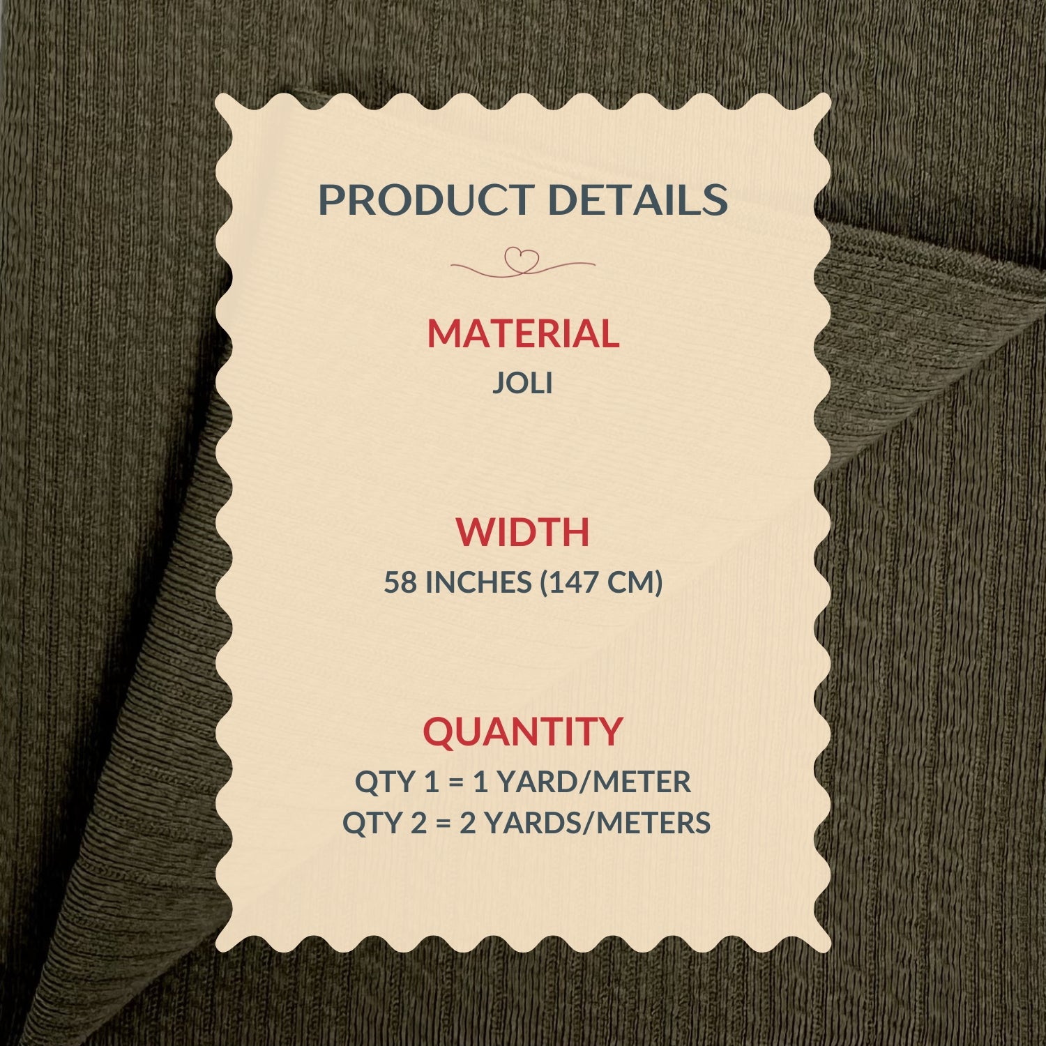 Product details label on a fabric background