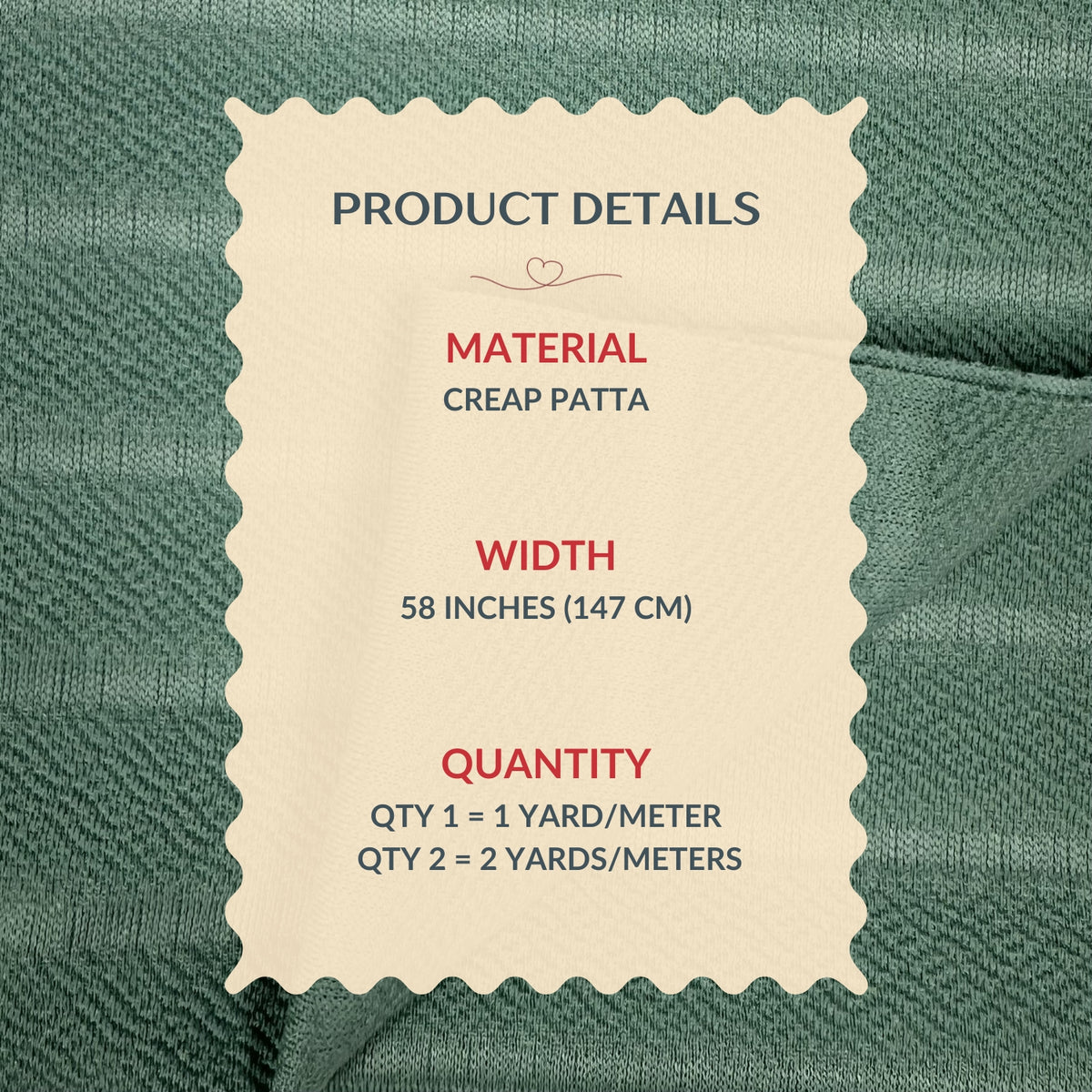Product details label on a green fabric background