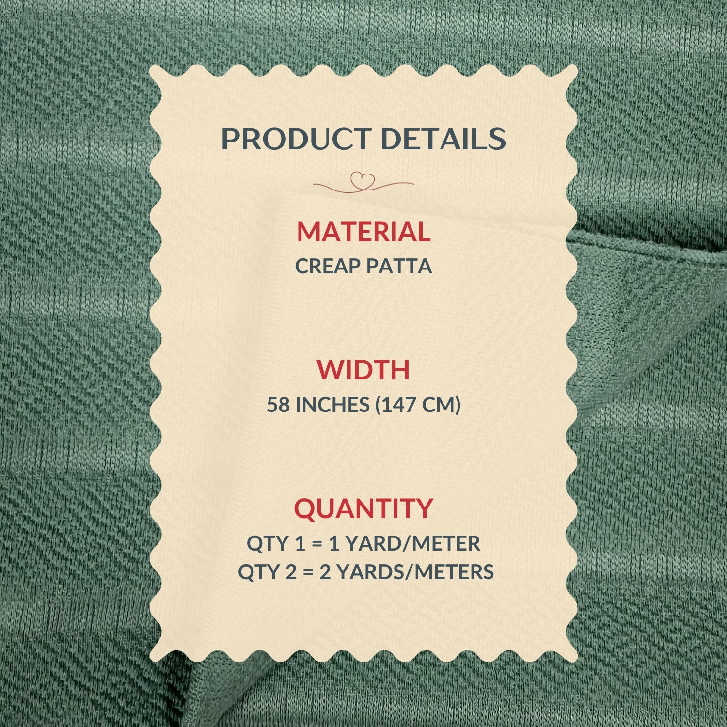 Product details label on a green fabric background
