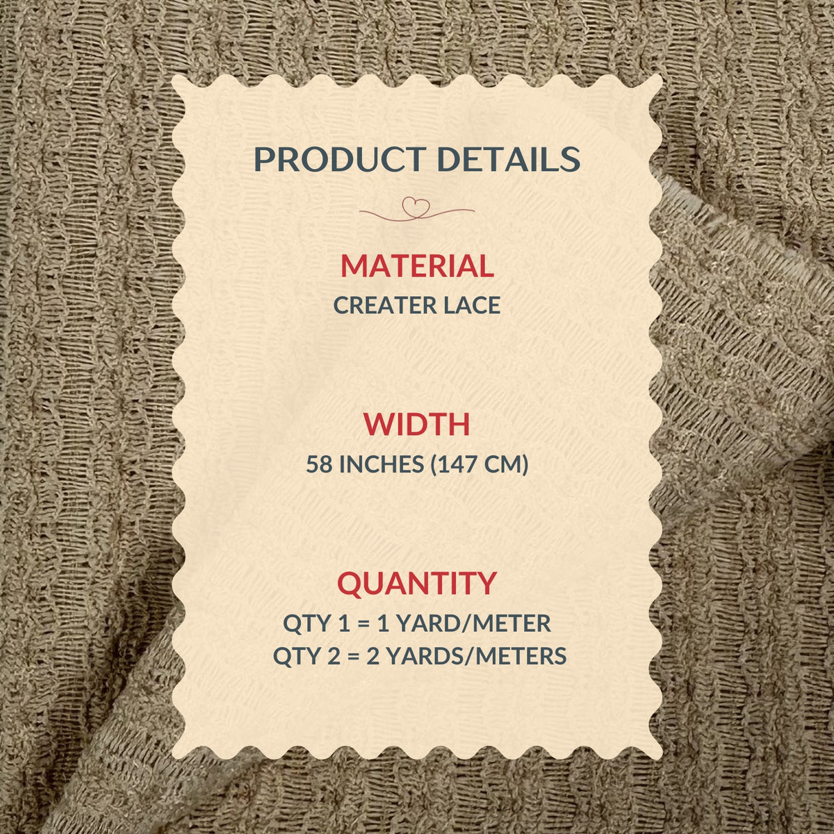 Product details label on a textured fabric background
