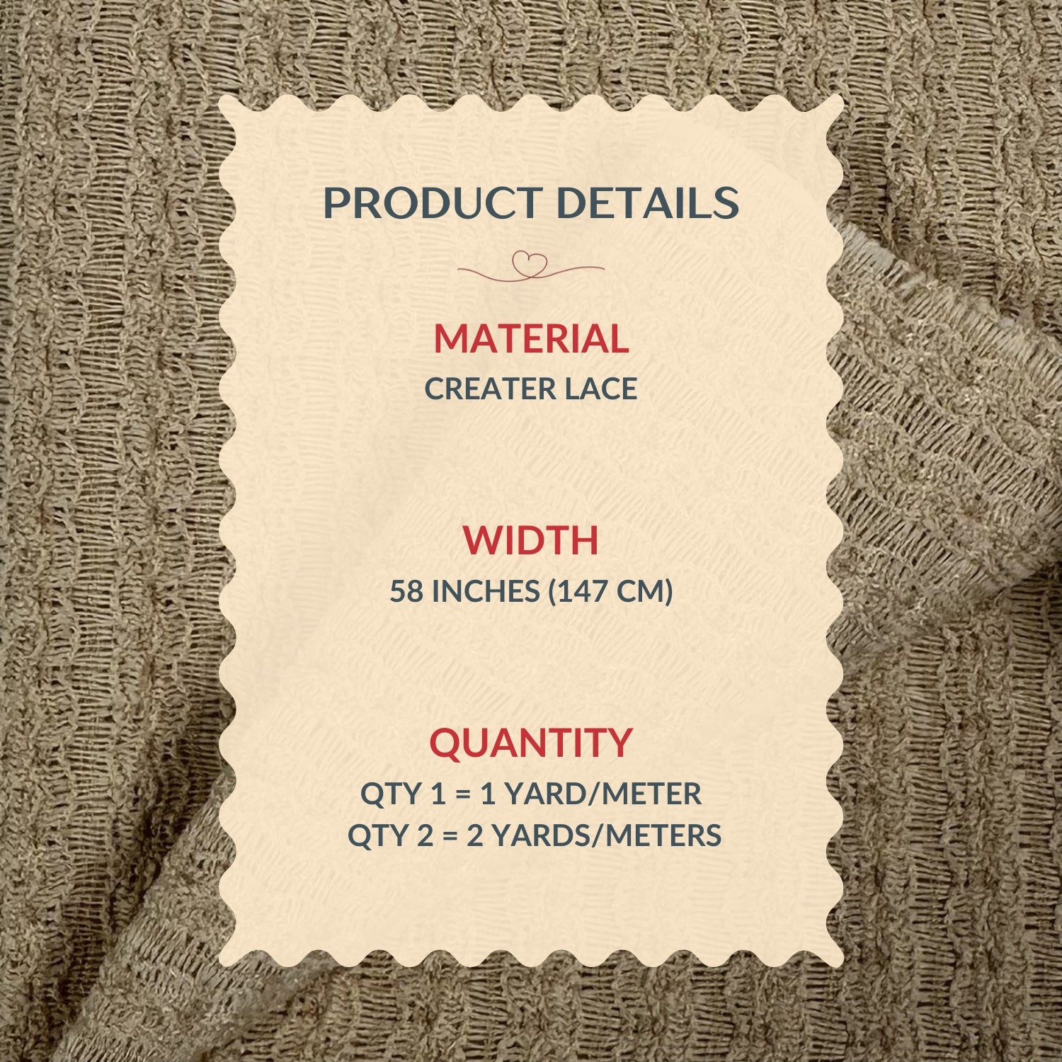 Product details label on a textured fabric background