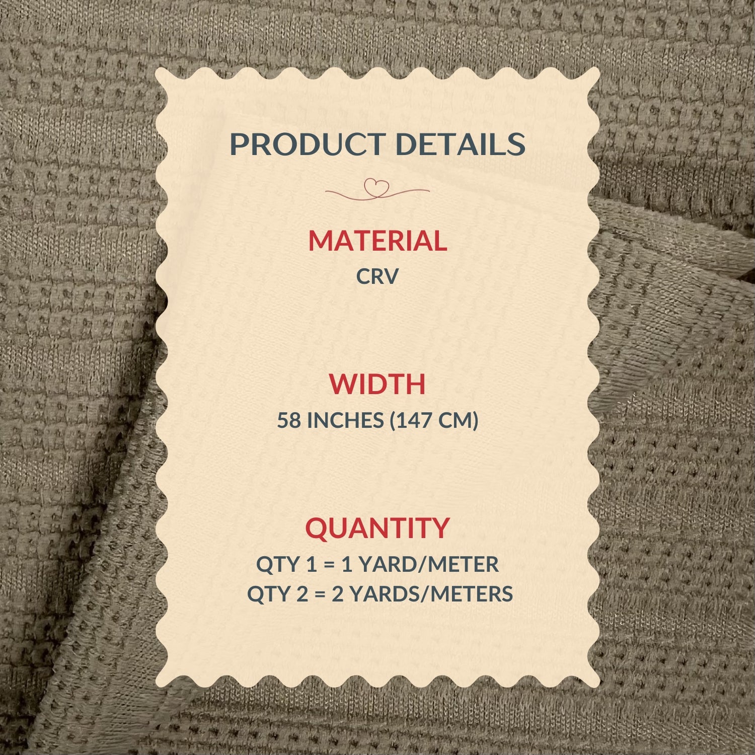 Product details label on a textured fabric background