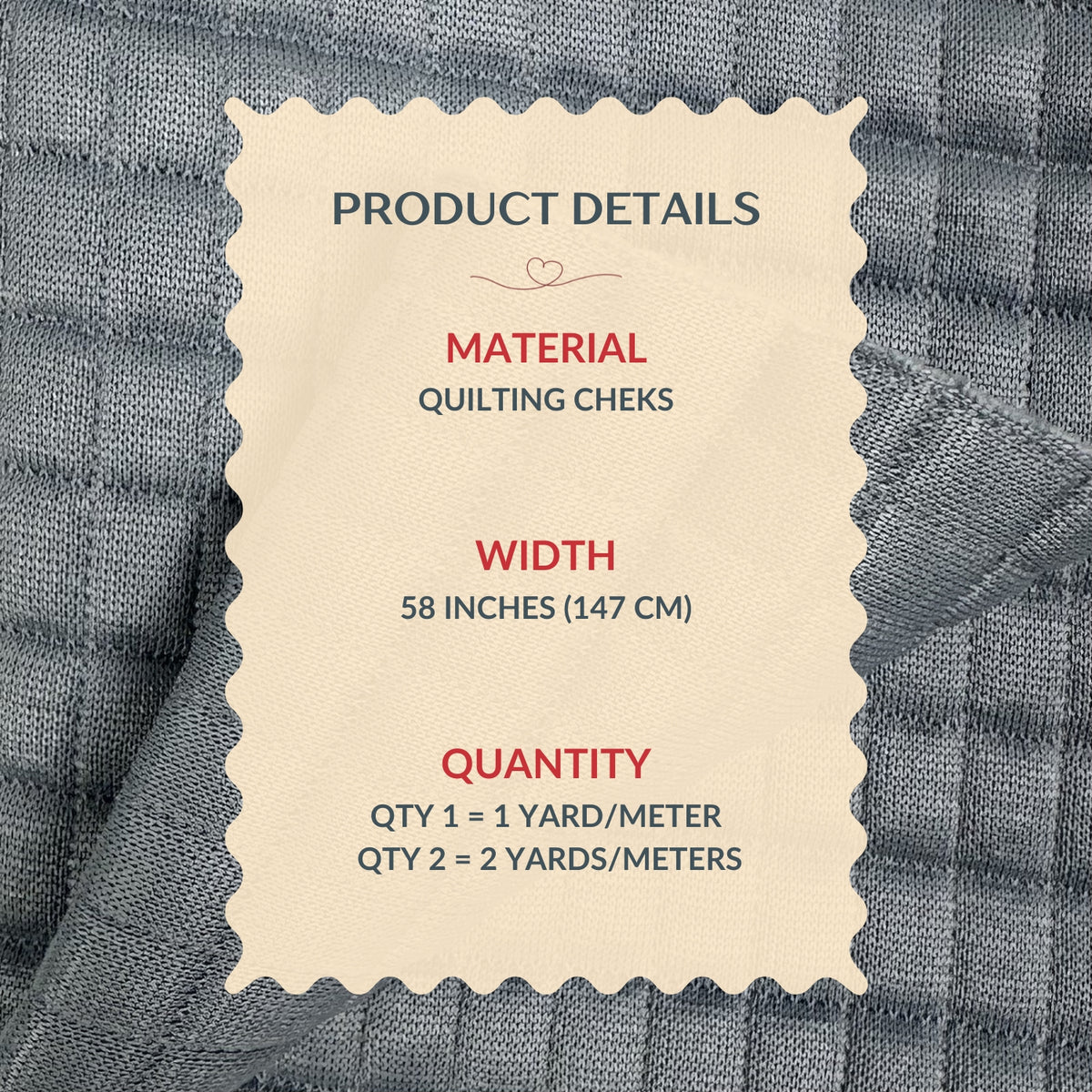 Product details label on a textured fabric background