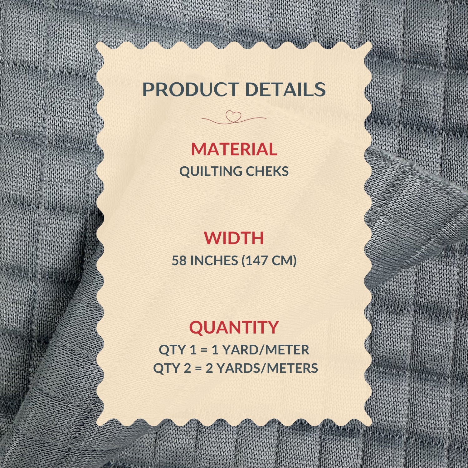 Product details label on a textured fabric background