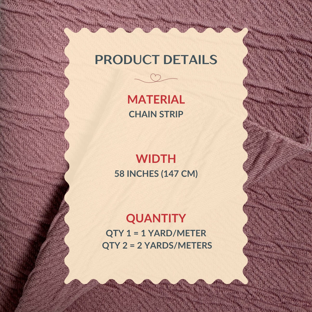 Product details label on a chain strip with material, width, and quantity information against a textured purple background.