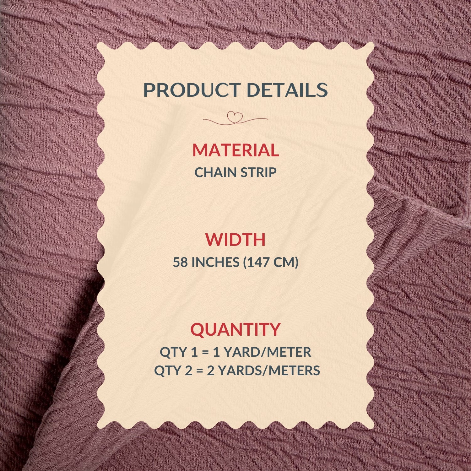Product details label on a chain strip with material, width, and quantity information against a textured purple background.