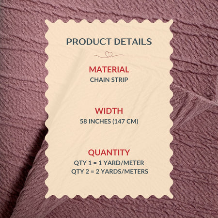 Product details label on a chain strip with material, width, and quantity information against a textured purple background.
