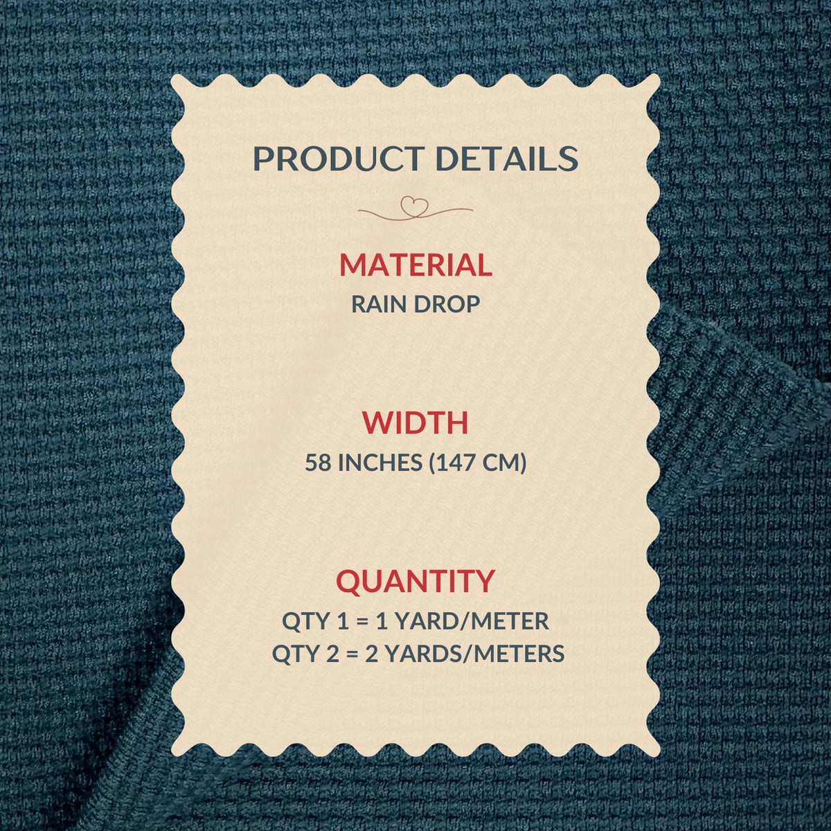 Product details label on a textured blue fabric background