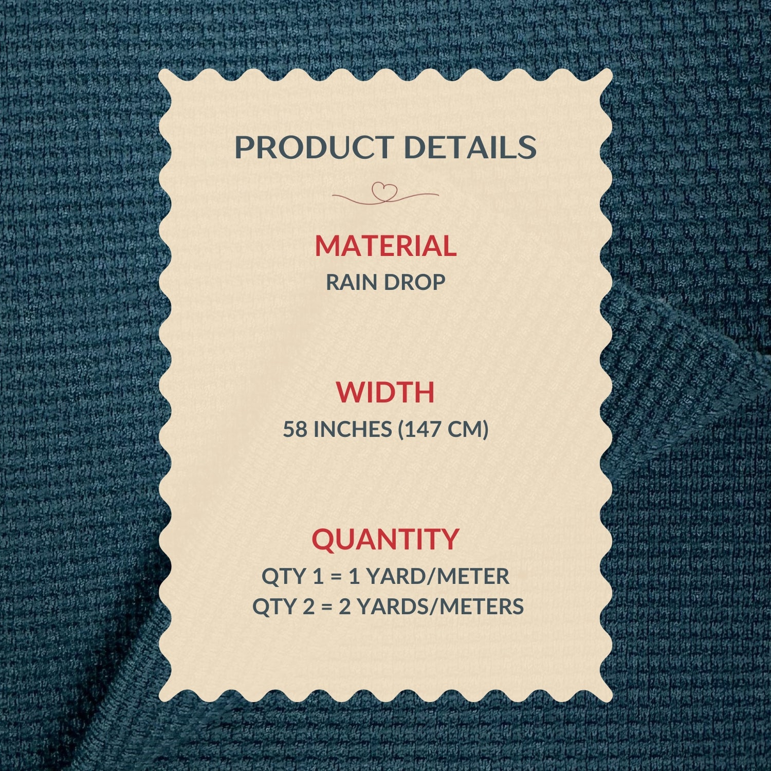 Product details label on a textured blue fabric background
