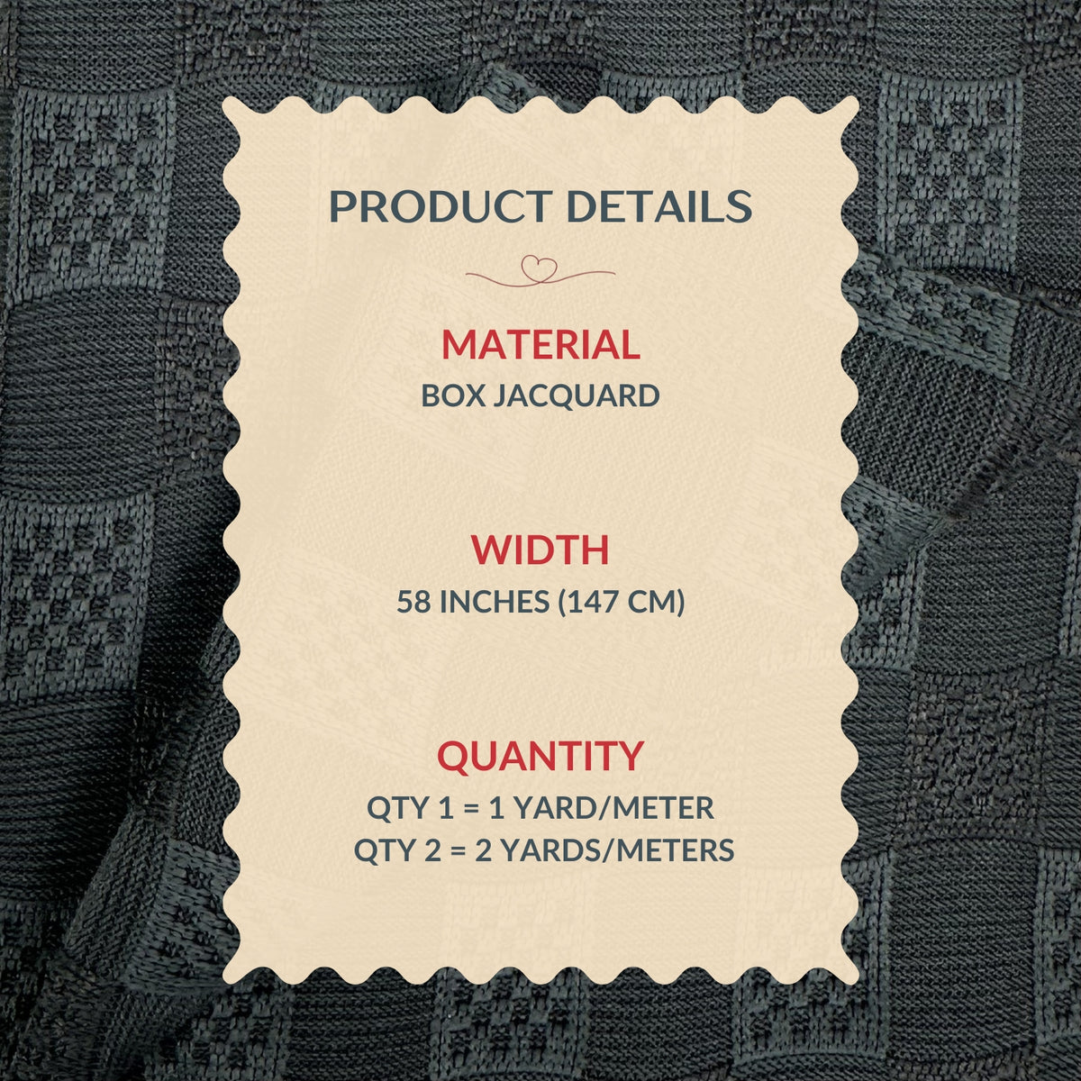 Product details label on a textured fabric background
