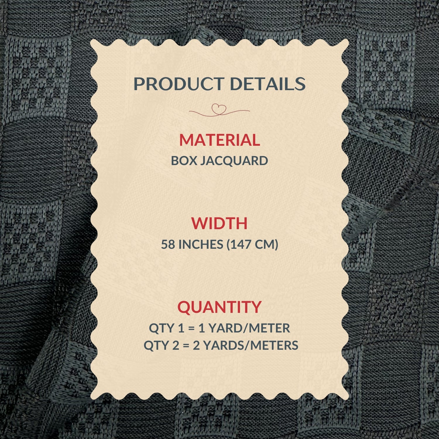 Product details label on a textured fabric background