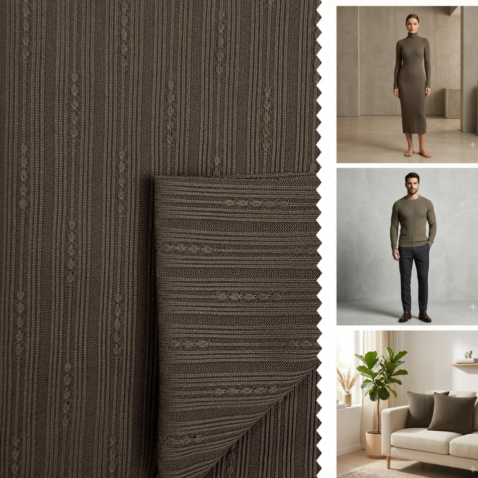 Brown Drip Rib Knit Fabric by Yard, Poly Spandex Stretch Vertical Textured Drop-Stitch Material GF 74