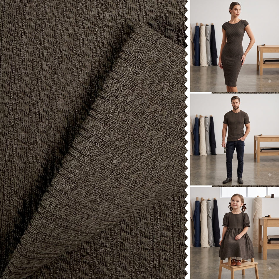 Brown Waffle Knit Fabric by Yard, Korean Rib Textured Poly Spandex Stretch Material  GF 80