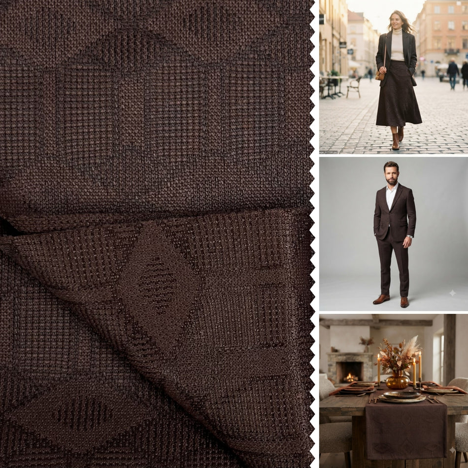 Dark Brown Jacquard Knit Fabric by Yard, Poly Spandex Stretch Geometric Diamond Material GF 82