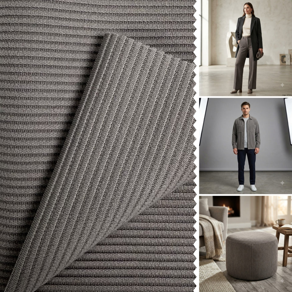 Grey Corduroy Knit Fabric by Yard, Poly Spandex Stretch Textured Rib Line Material GF 83
