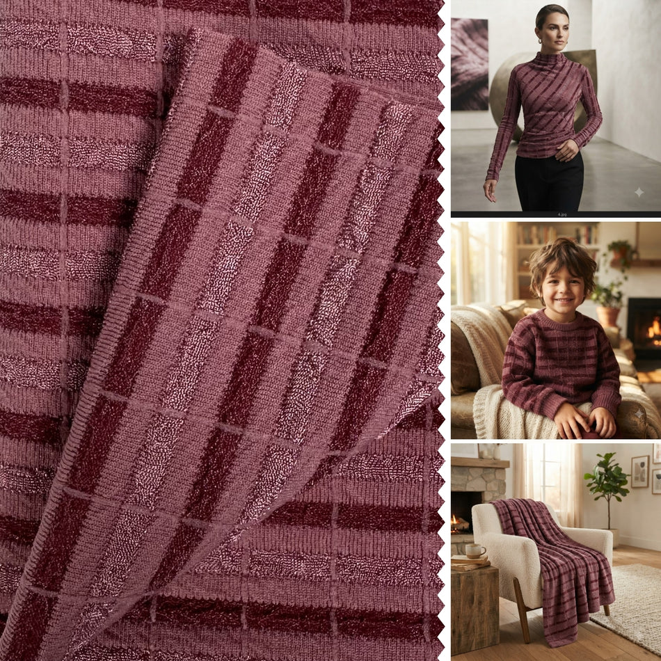 Mauve Maroon Bullesha Catonic Knit Fabric by Yard, Poly Spandex Stretch Textured Block Plaid Material GF 84
