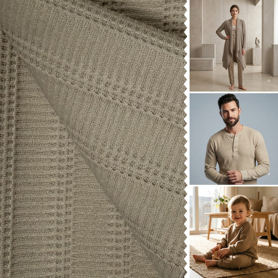 Khaki Beige Saffron Knit Fabric by Yard, Poly Spandex Stretch Textured Waffle Rib Material GF 85