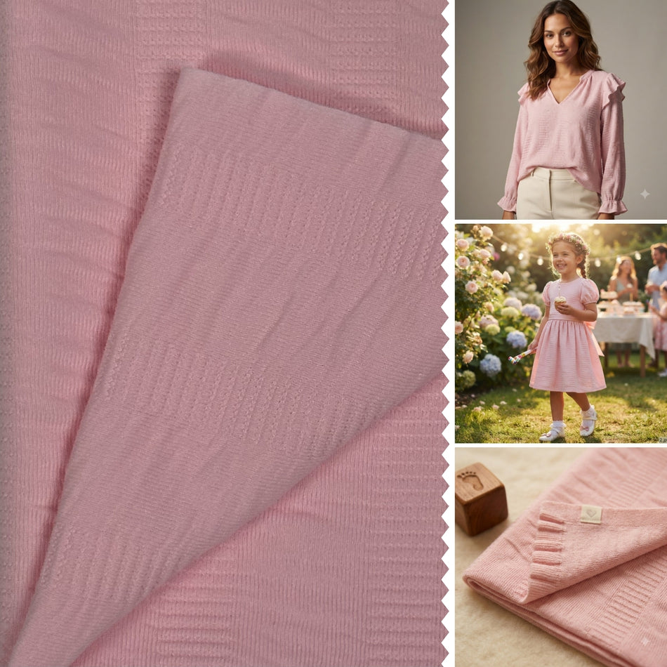 Pink Rani Frill Knit Fabric by Yard, Poly Spandex Stretch Textured Pleated Line Material GF 87