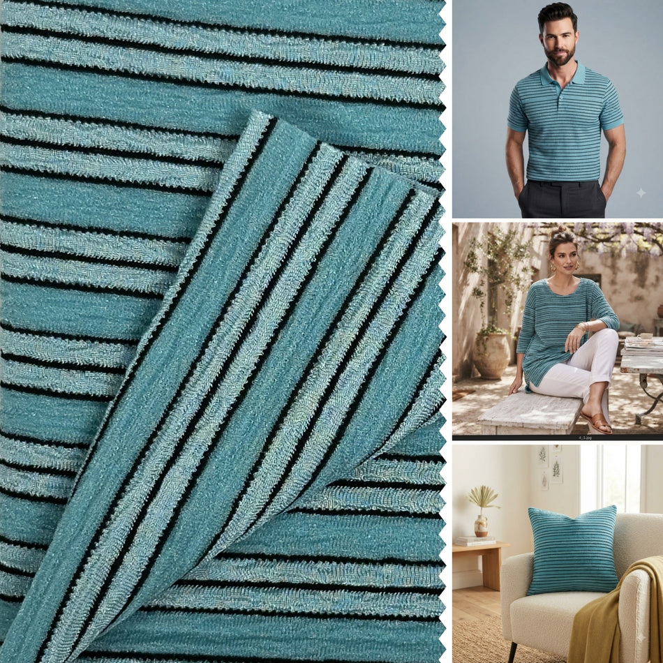 Teal Rumble Catonic Knit Fabric by Yard, Poly Spandex Stretch Horizontal Striped Textured Material  GF 89
