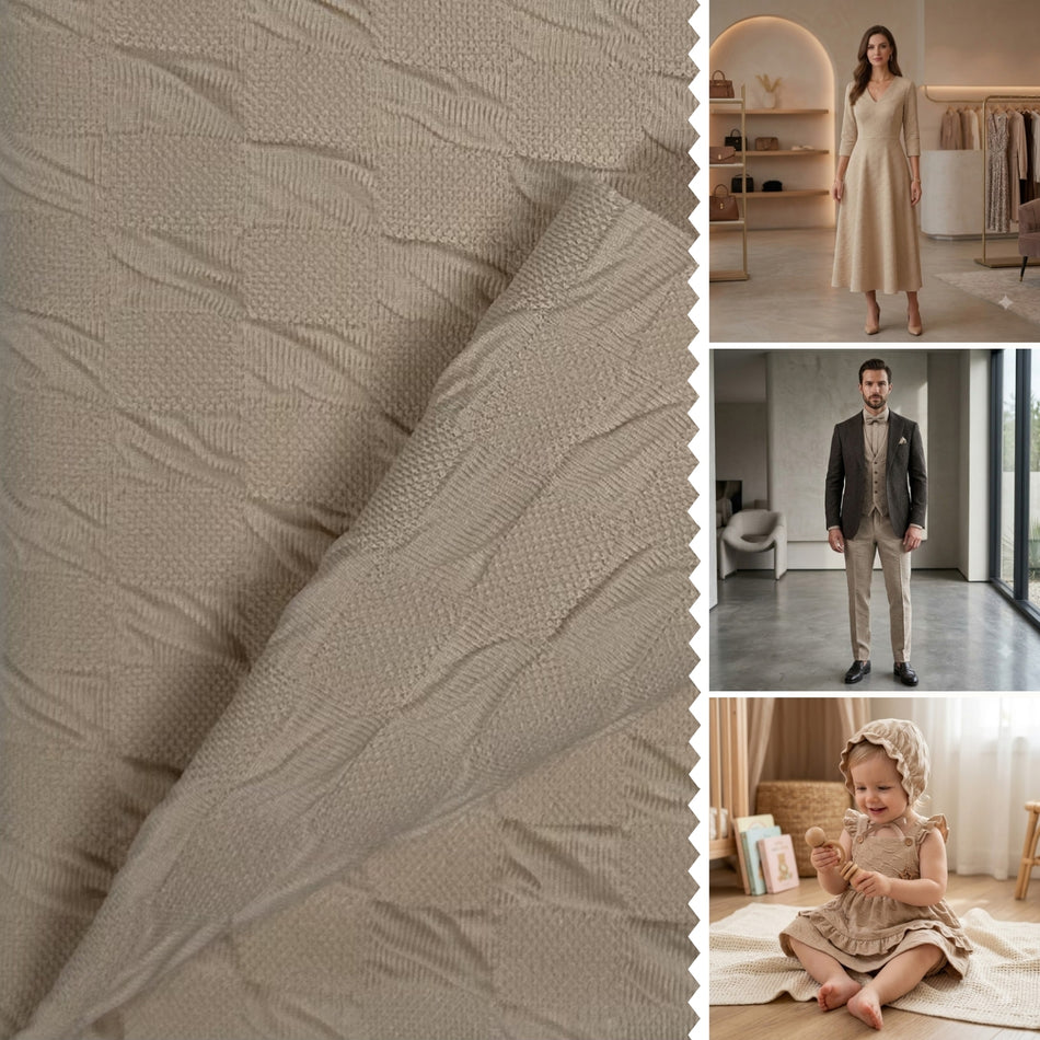 Taupe Boxer Knit Fabric by Yard, Poly Spandex Stretch Textured Seersucker Block Material GF 95
