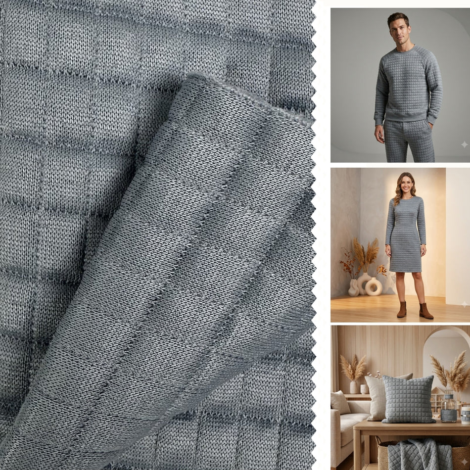 Gray Checkered Knit Fabric by Yard, Poly Spandex Stretch Textured Grid Material - GF 43