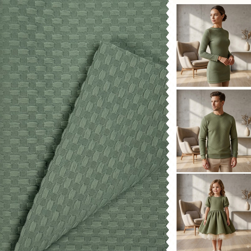 Green Puph Butti Textured Knit Fabric by Yard, Poly Spandex Stretch Motif Material  GF 15