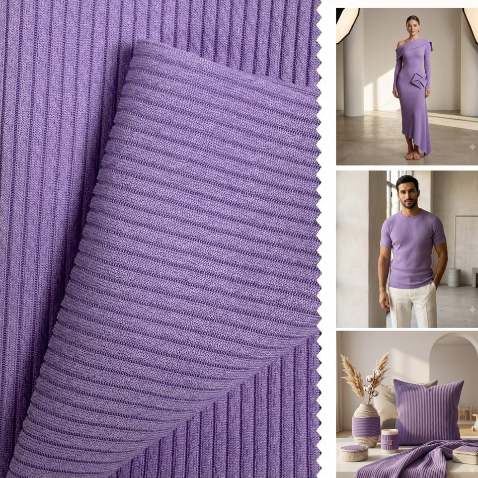 Lavender Mario Rib Knit Fabric by Yard, Poly Spandex Stretch Textured Stripe Material  GF 53