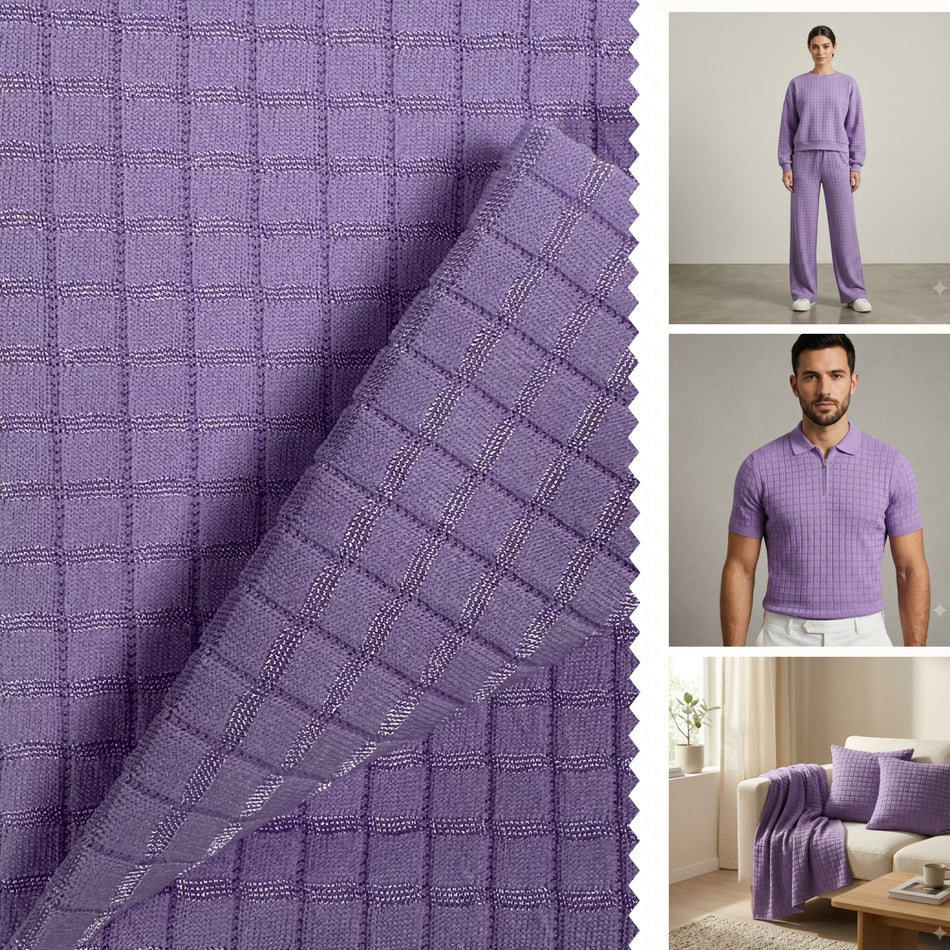 Purple Checkered Knit Fabric by Yard, Poly Spandex Stretch Textured Grid Material GF 69