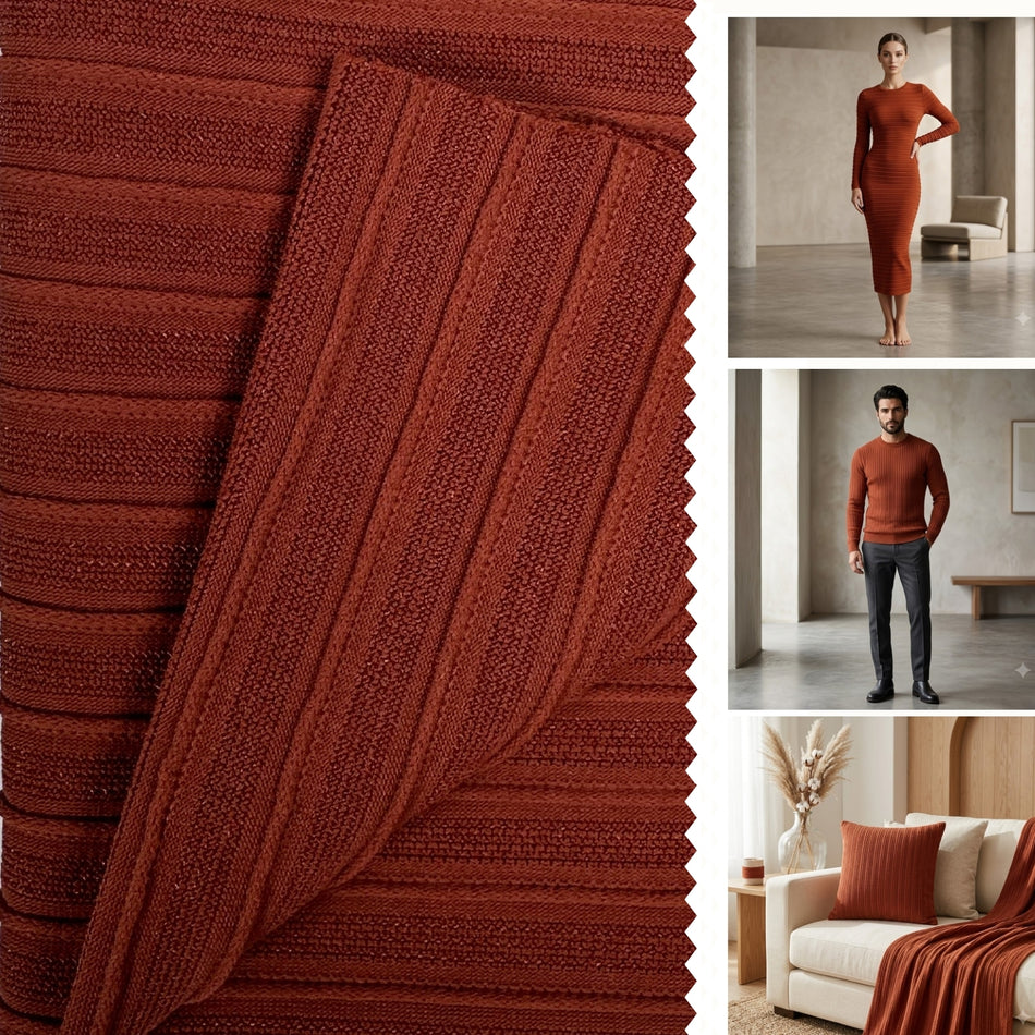 Rust Milano Rib Knit Fabric by Yard, Poly Spandex Stretch High-Density Stripe Material  GF 56