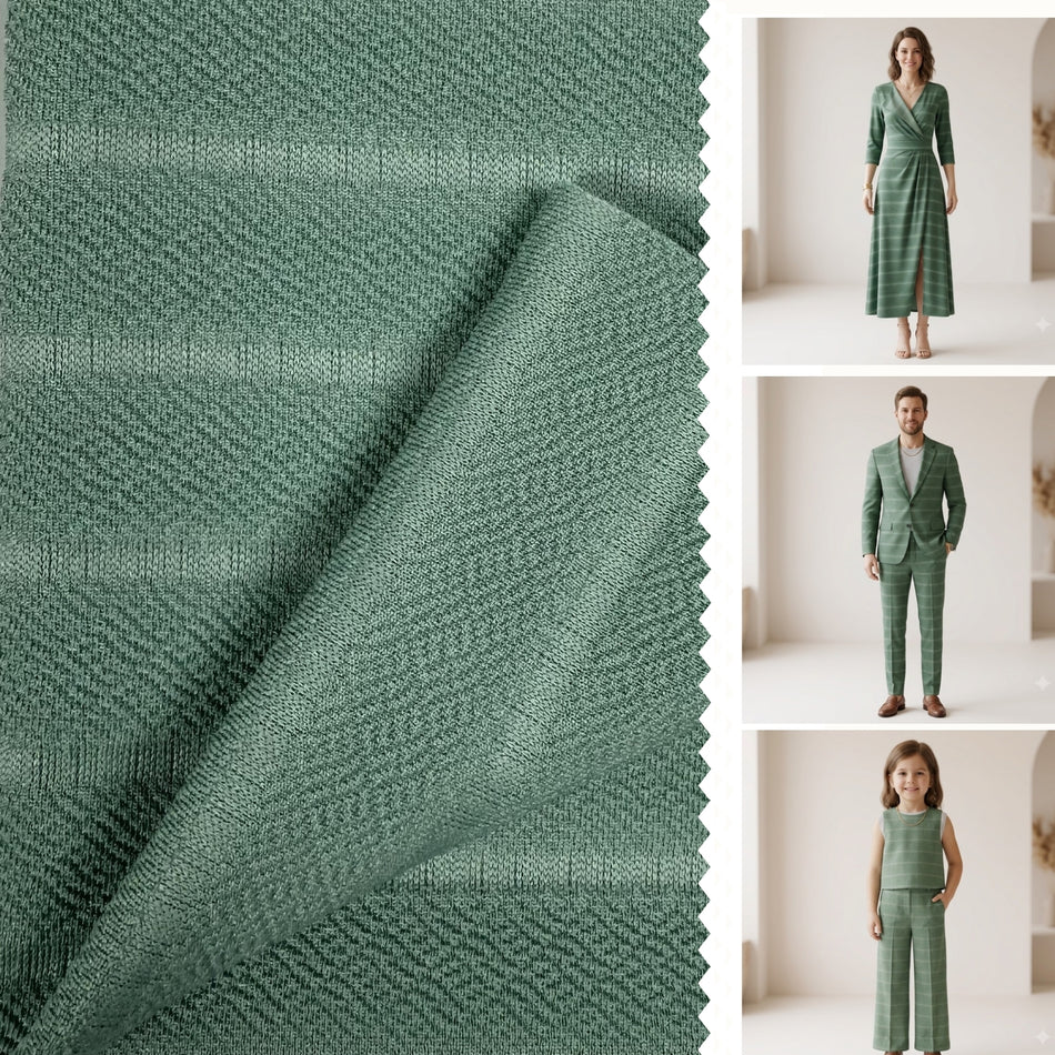 Green Crepe Patta Knit Fabric by Yard, Poly Spandex Stretch Crinkle Stripe Material  - GF 37